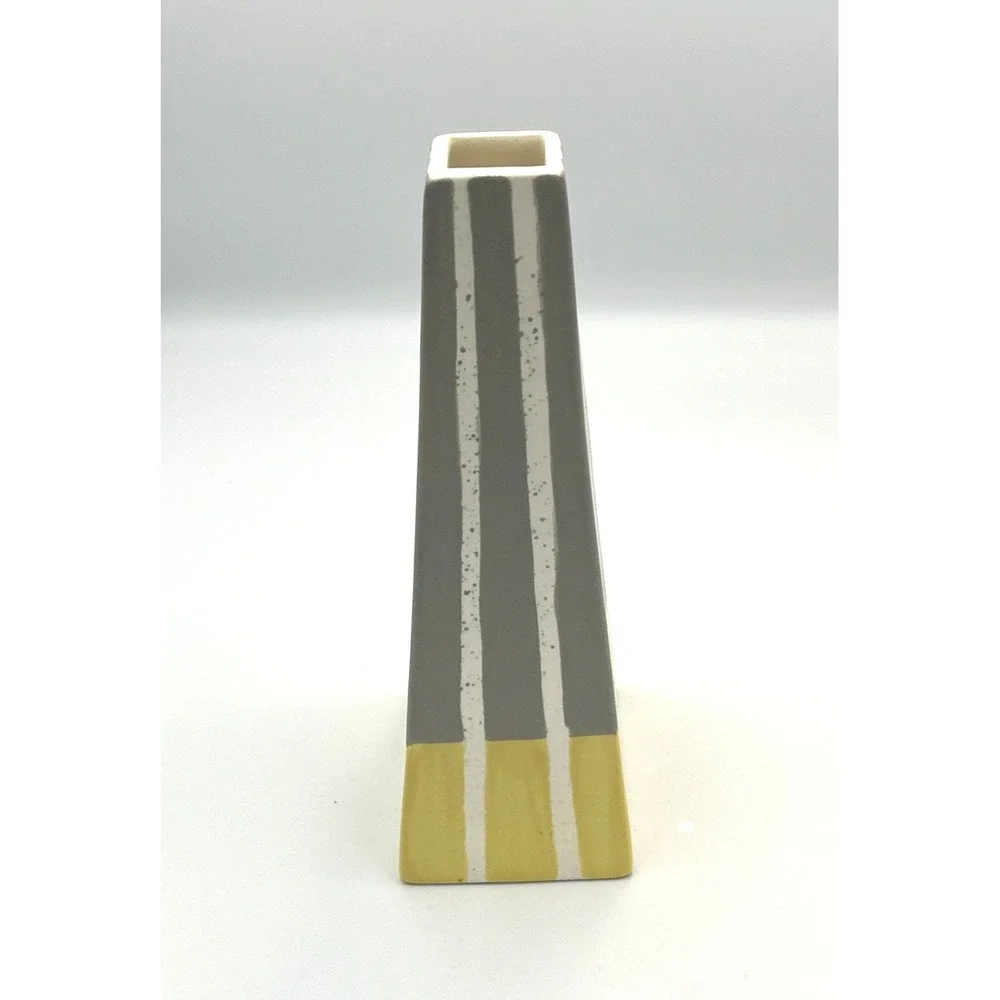 Ceramic Vase Abstract‎ Striped Yellow White & Gray Made in Vietnam #18431 Modern